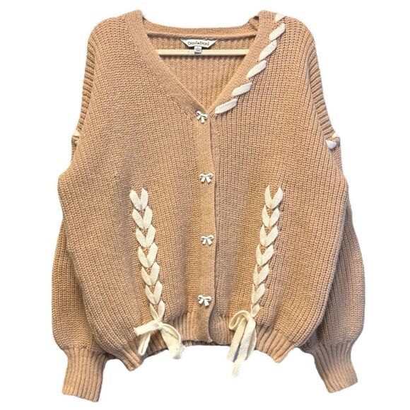 Davi & Dani Tan Lace-Up Ribbon Bow Button Down Cardigan Size Large NWT - Picture 5 of 12
